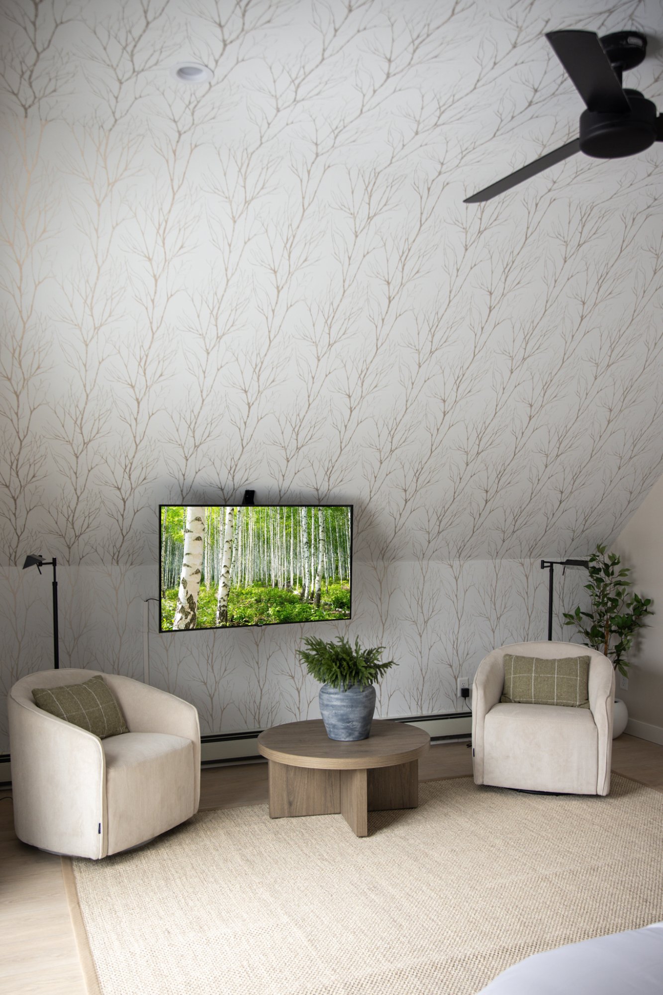 Sitting area with birch wallpaper