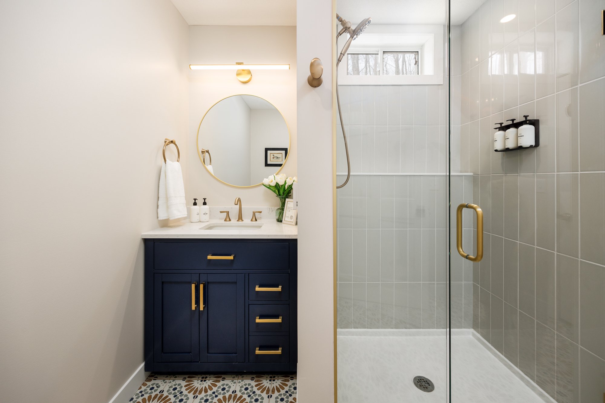 Shower with striped curtain