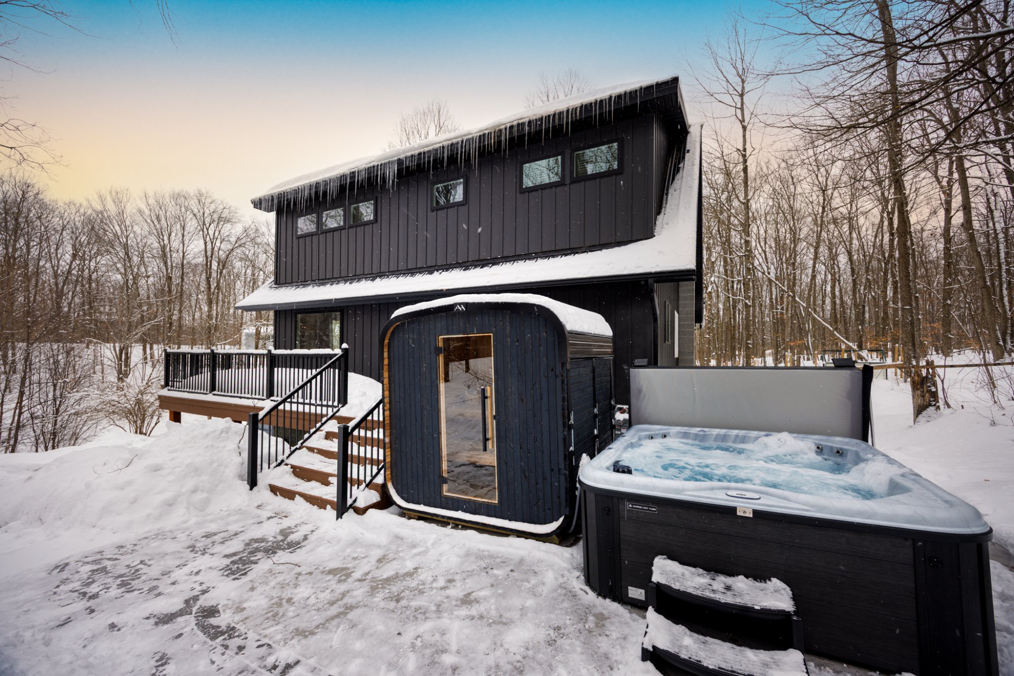 Modern dark exterior with sauna and hot tub